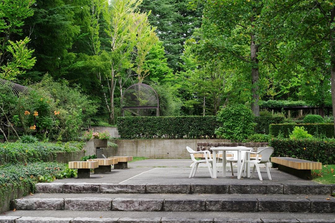 A table and chairs sitting on some steps