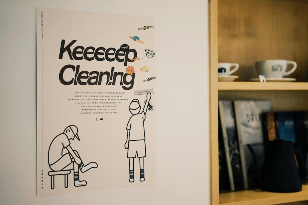 Poster with "keeeep cleaning" and cartoon figures.