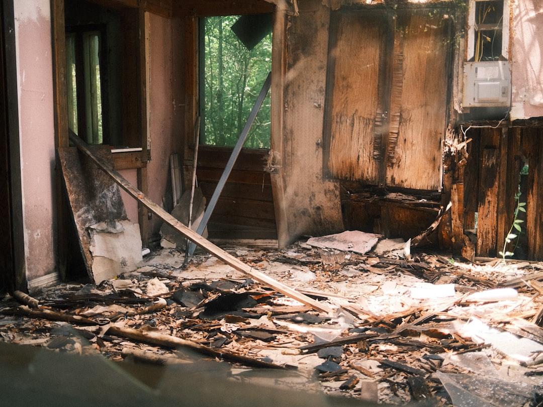 A burned and damaged room is shown.