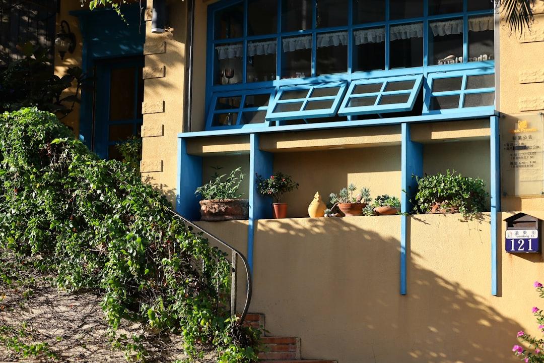 a building with a blue window and some plants